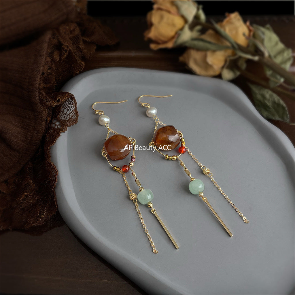 A廠-設計師手工作品!長版文藝復古淡水珍珠美拉德風流蘇耳環工廠耳飾「6935」25.10-3