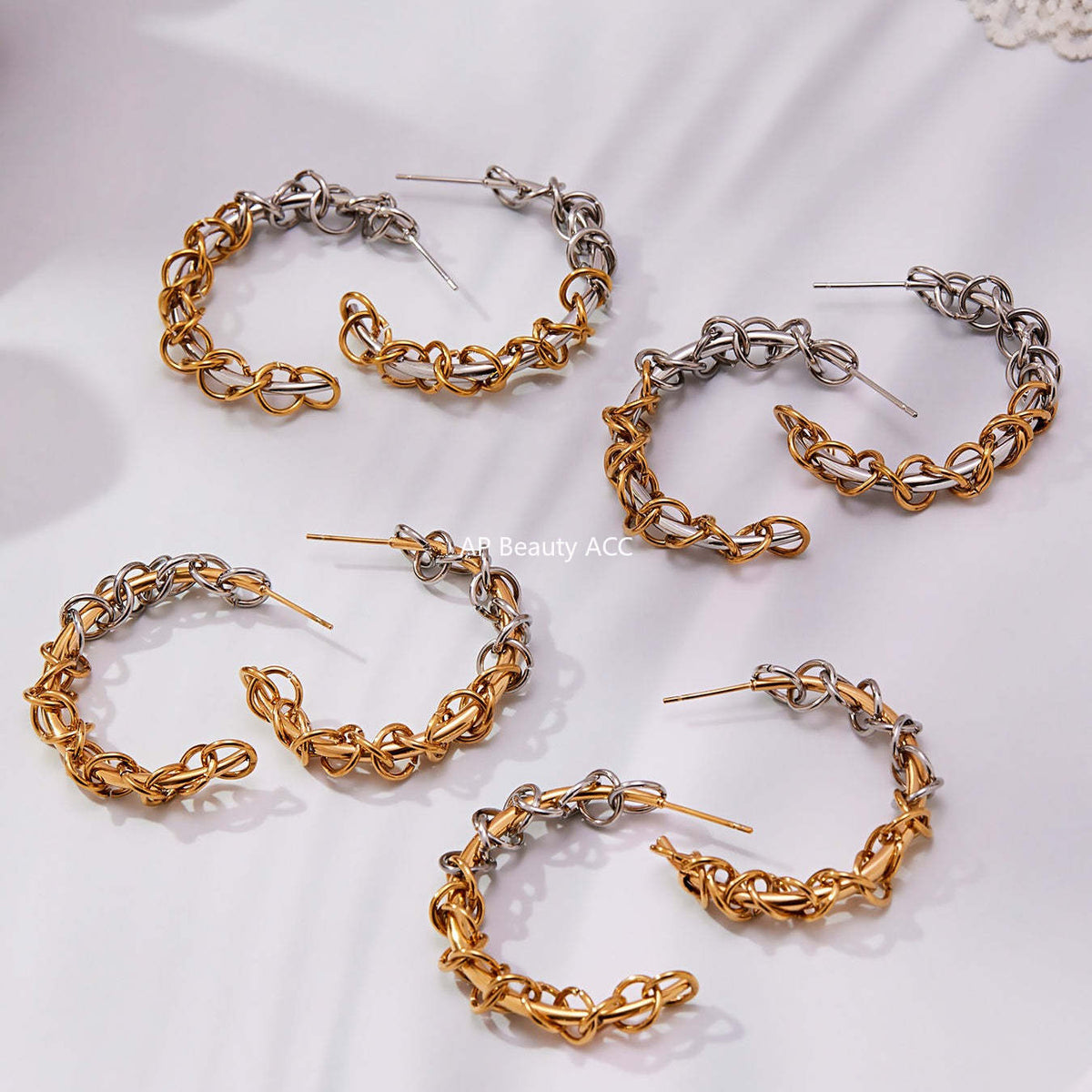 B廠-不鏽鋼嘻哈環扣纏繞C型拼色間電耳環歐美小眾耳飾鍍18k真金「F677」25.10-5