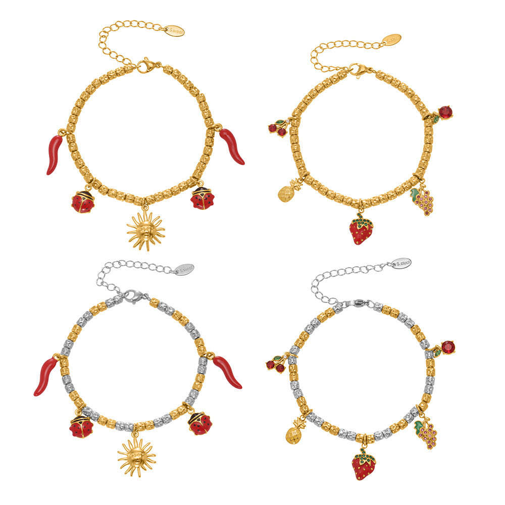 B廠-跨境新款不鏽鋼小辣椒太陽多配件壓紋鋼珠手鍊組合鍍18k金「E699-E700」25.10-5