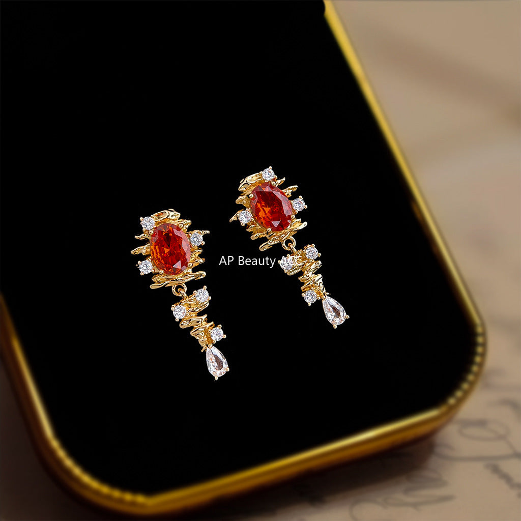 A廠-原創設計時尚高級感秋冬橘紅鋯石文藝復古耳飾S925銀針耳環「6896」25.10-2