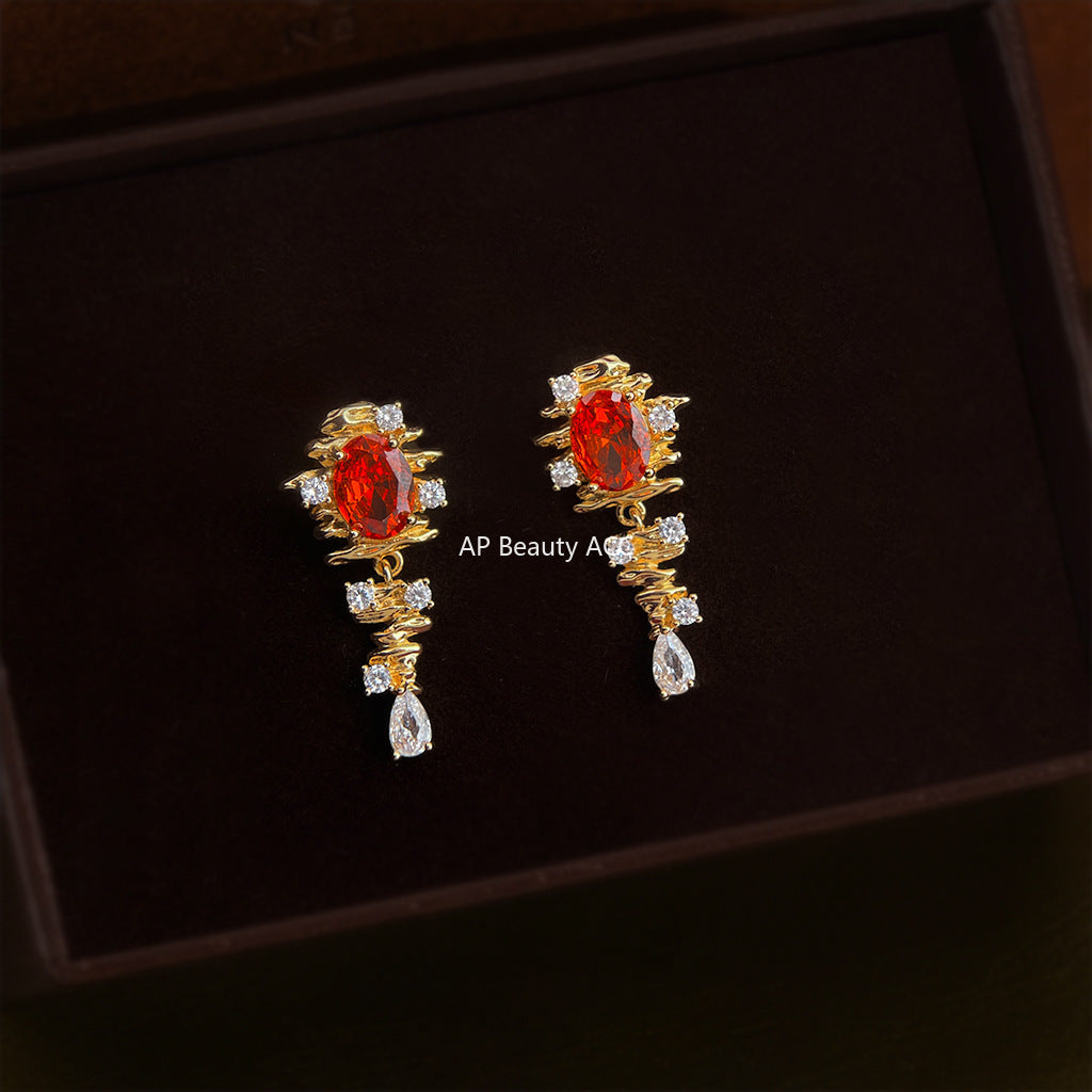 A廠-原創設計時尚高級感秋冬橘紅鋯石文藝復古耳飾S925銀針耳環「6896」25.10-2