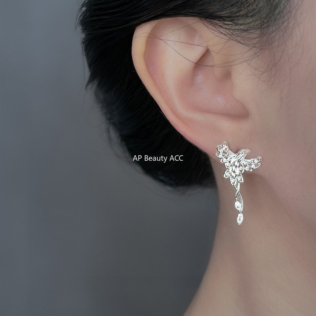A廠-原創鳳舞~微鑲鋯石925銀針鍍厚銀鳳凰鳥耳環女輕奢風個性小眾耳飾「6854」25.10-3
