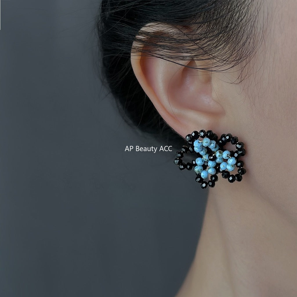 A廠-原創設計秋冬霧霾藍手工編織花朵耳環高級感小眾設計新款耳飾「6861」25.10-1