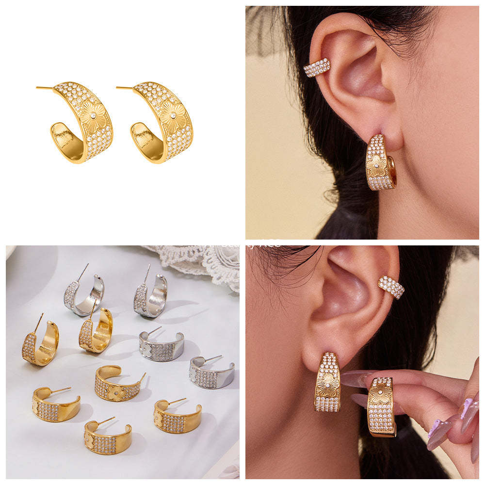 B廠-新款中古風滿鑽C型花點鋯石耳環不鏽鋼鍍18k金跨境珠寶首飾「F954-F983」25.10-5