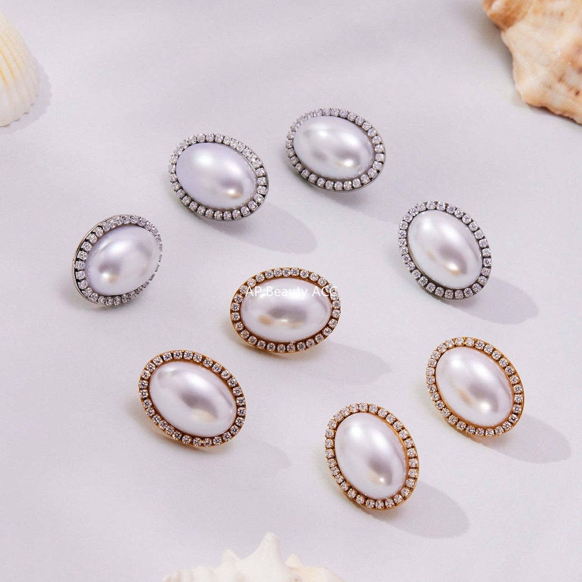 B廠-小眾設計感橢圓形貝珠鋯石耳環不鏽鋼鍍18k金跨境珠寶首飾「F793-F983」25.10-5