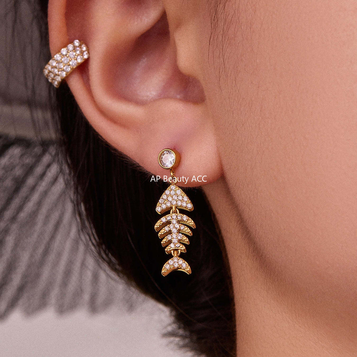 B廠-跨境新款魚骨造型滿鑽鋯石超閃耳環不鏽鋼鍍18k真金不掉色「F1123-F983」25.10-5