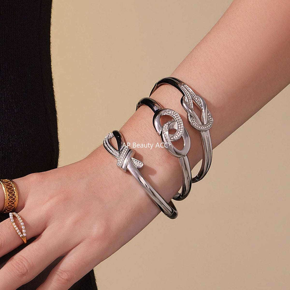 B廠-不鏽鋼滿鑽鋯石雙環卡扣手鐲歐美時尚簡約個性設計氣質手飾「Z509-Z510-Z511」25.10-5