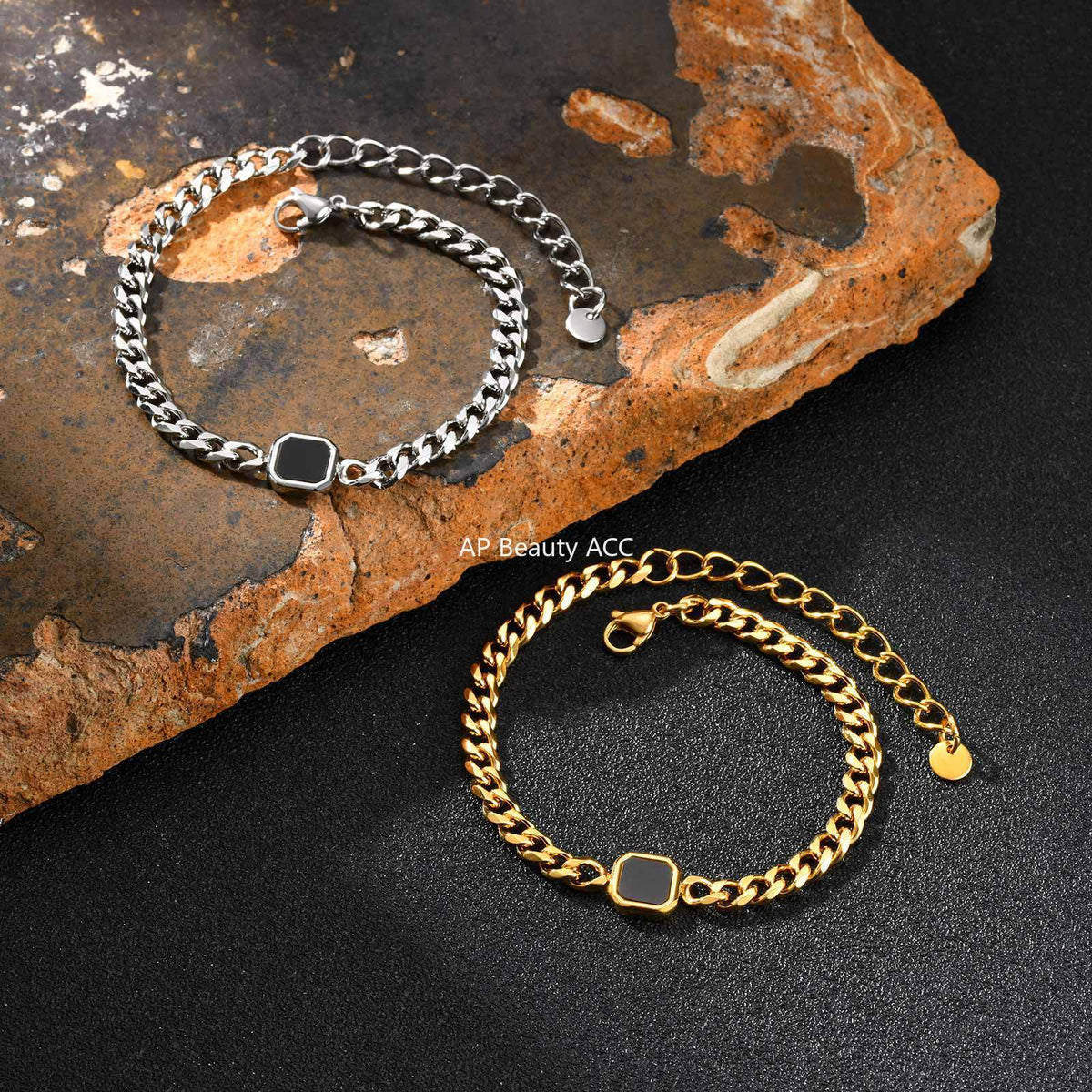 G廠-潮男ins嘻哈歐美不鏽鋼壓克力六面磨鏈手鍊金色「BR-2662」25.10-5