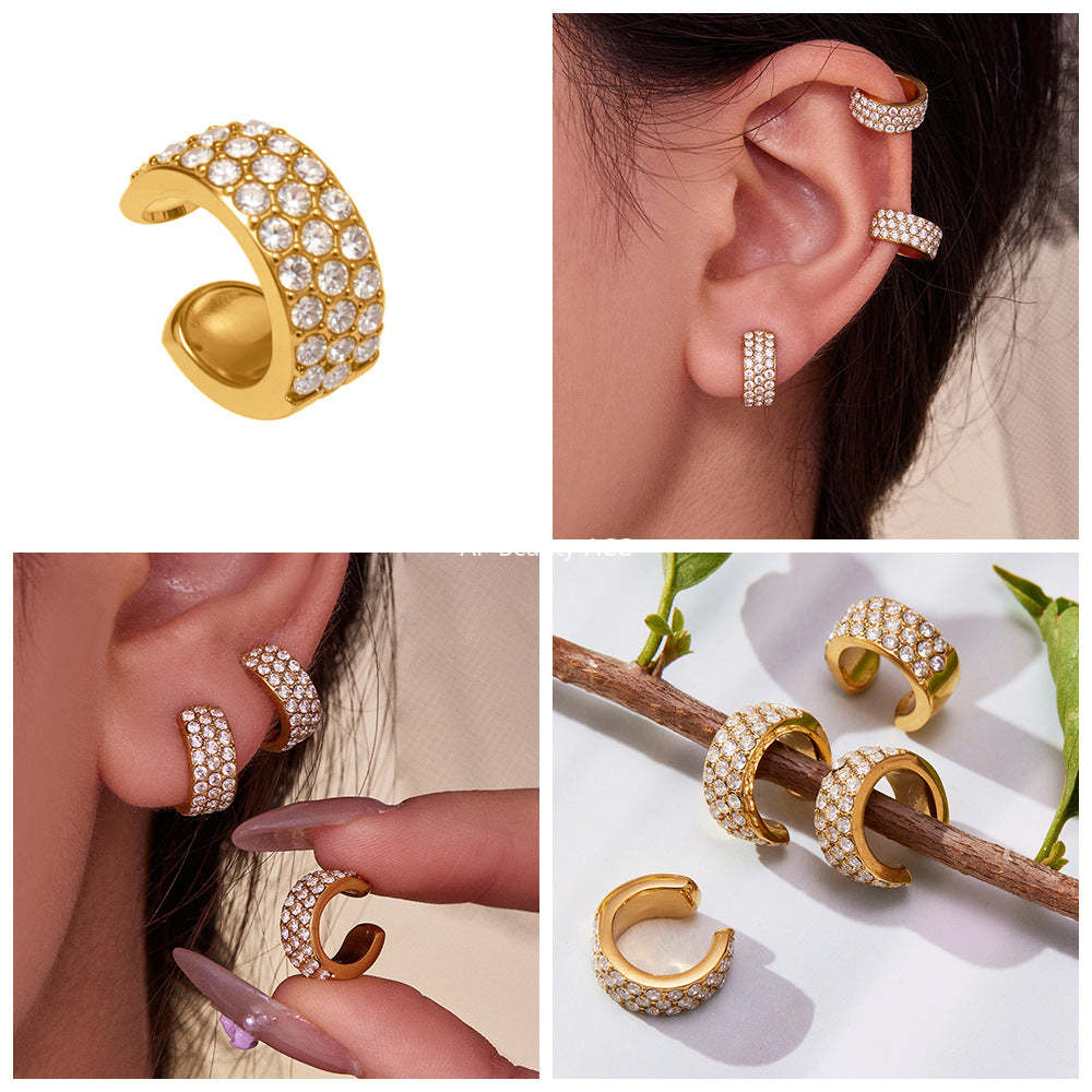 B廠-不鏽鋼超閃5A鋯石C型滿鑽耳夾鍍18k真金簡約個性耳飾不掉色「F983」25.10-5