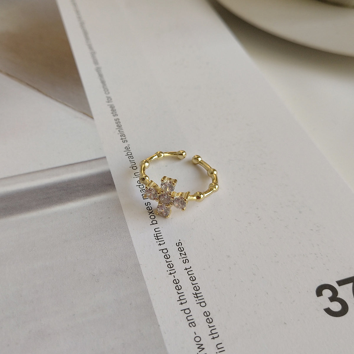 F廠-韓國韓版 925純銀白鑽十字架戒金色戒簡約百搭INS網紅小眾戒指「J940」25.06-2