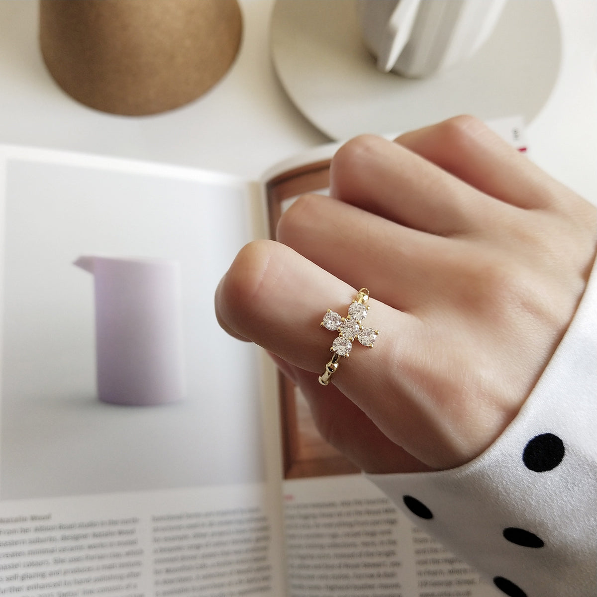 F廠-韓國韓版 925純銀白鑽十字架戒金色戒簡約百搭INS網紅小眾戒指「J940」25.06-2