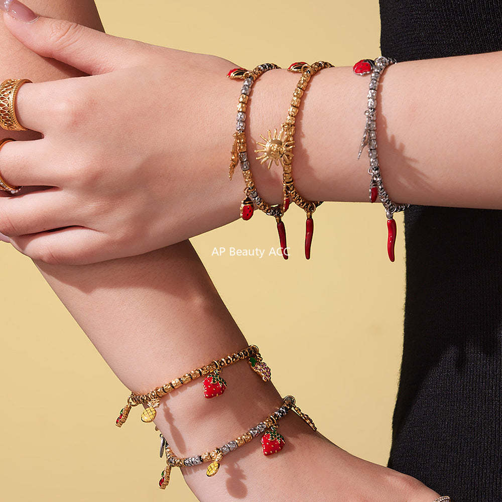 B廠-跨境新款不鏽鋼小辣椒太陽多配件壓紋鋼珠手鍊組合鍍18k金「E699-E700」25.10-5