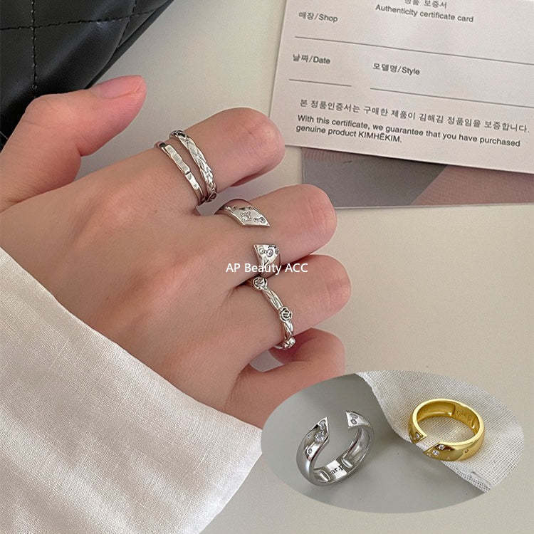 C廠-小眾高級感菱格紋純銀鋯石戒指輕奢冷淡風時尚氣質玫瑰花森系指環「JZ-0712」25.10-5