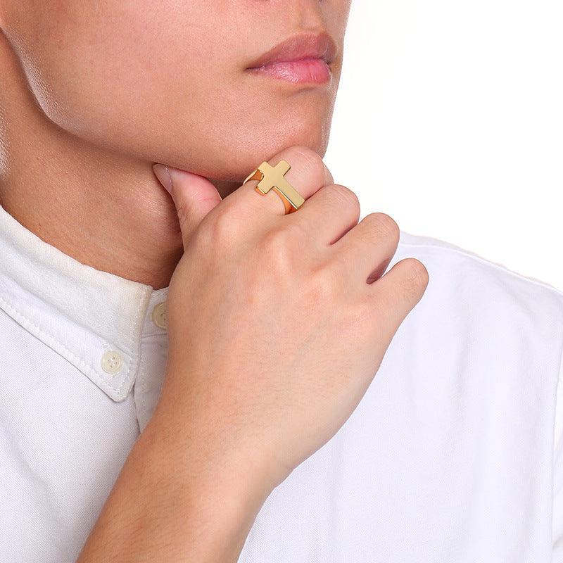 G廠-鈦鋼流行飾品十字架鑄造戒指男士金色黑色歐美風戒指批發「RC-433」25.04-2