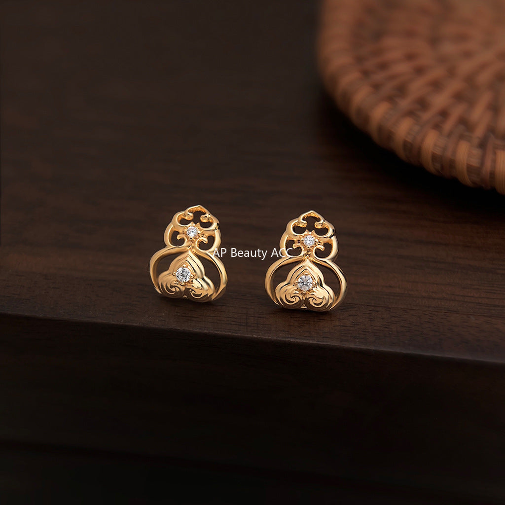 A廠-原創 福祿時尚高級感新中式紋樣925銀針鍍14K微鑲鋯石葫蘆耳釘「6867」25.10-1