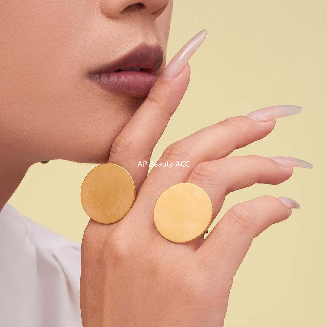 B廠-歐美簡約不鏽鋼大小圓圈項鍊耳環戒指套裝鍍18k金珠寶首飾「TXP458」25.10-5