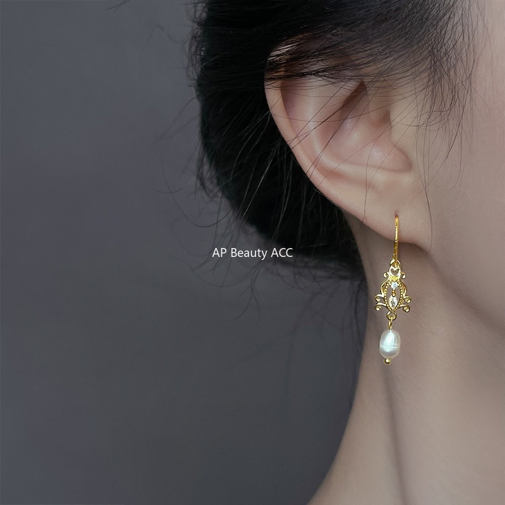 A廠-淡水珍珠微鑲鋯石文藝復古宮廷風新款鏤空法式耳環新款耳飾「6893」25.10-2