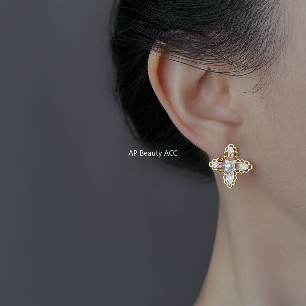 A廠-洛麗塔 原創少女心漸變色925銀針微鑲鋯石彩繪粉色蕾絲花耳釘「6864」25.10-1