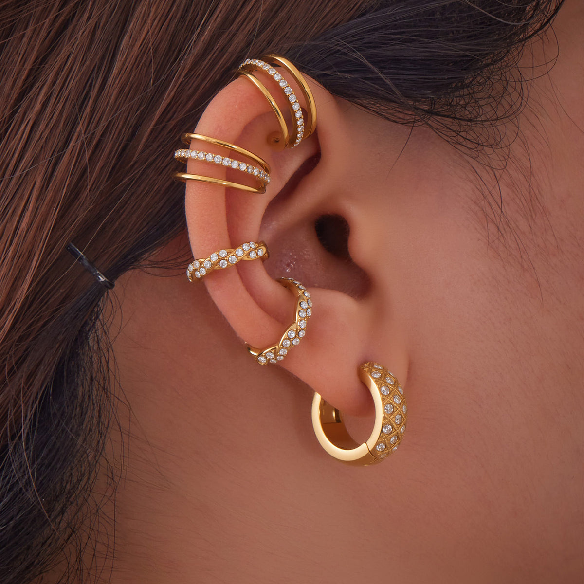 B廠-歐美跨境新款飾品不鏽鋼鑲鋯石三層耳骨夾耳飾簡約時尚耳環「F428-F421」25.08-5