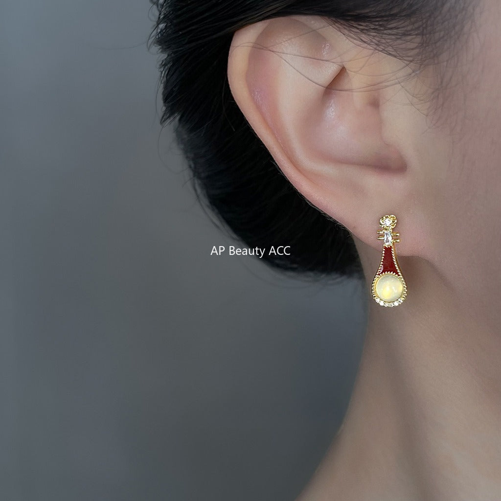 A廠-原創琵琶~瑪瑙文藝氣質微鑲鋯石925銀針琺瑯滴釉酒紅色耳釘耳飾女「6836」25.10-3