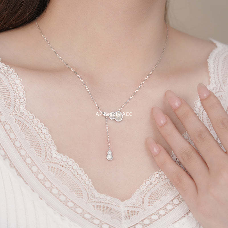 D廠-S925純銀葫蘆玉髓流蘇項鍊簡約百搭高級吊墜新中式鎖骨鏈批發「YC2023N_1」25.10-5