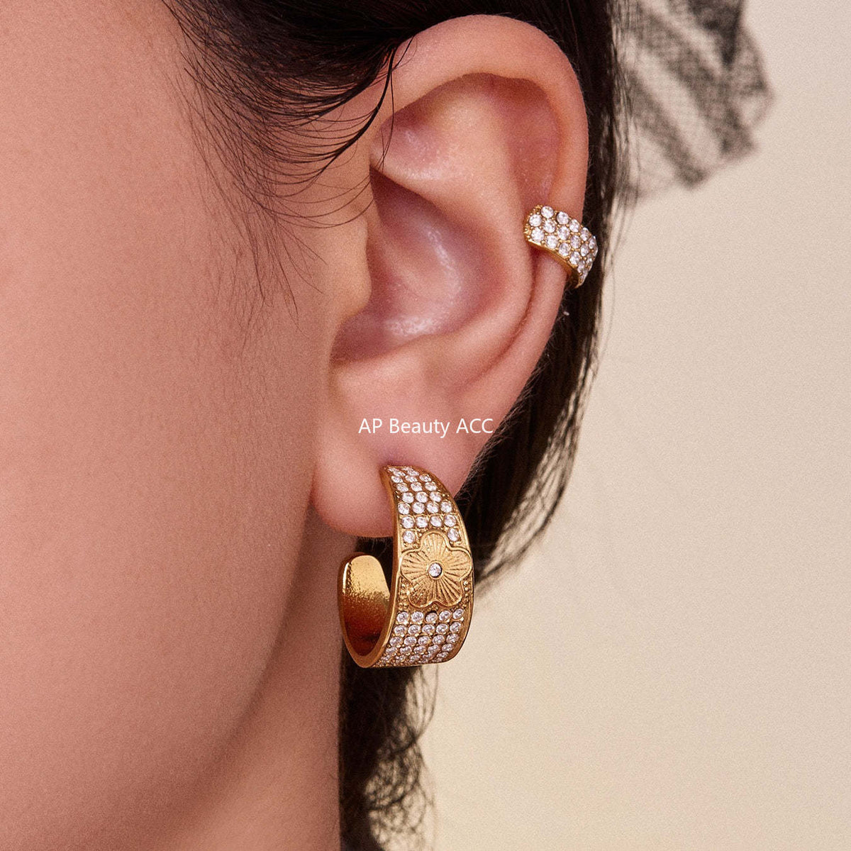 B廠-新款中古風滿鑽C型花點鋯石耳環不鏽鋼鍍18k金跨境珠寶首飾「F954-F983」25.10-5