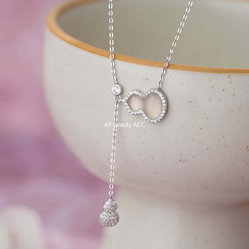 D廠-S925純銀葫蘆玉髓流蘇項鍊簡約百搭高級吊墜新中式鎖骨鏈批發「YC2023N_1」25.10-5