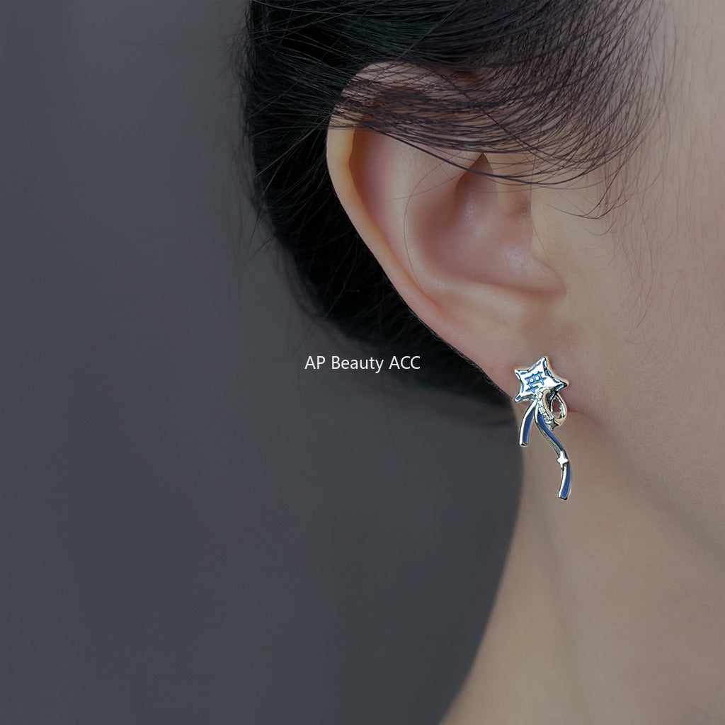 A廠-原創個性許願星甜酷風新款925銀針微鑲鋯石彩繪藍色耳飾耳環「6868」25.10-1