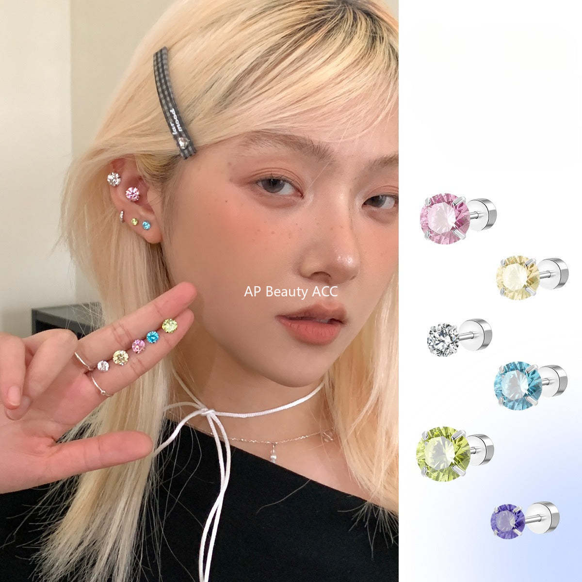 C廠-夏季多巴胺白色鋯石耳釘女精緻時尚甜酷風鈦鋼耳環簡約高級感耳飾「EH-4085」25.10-4