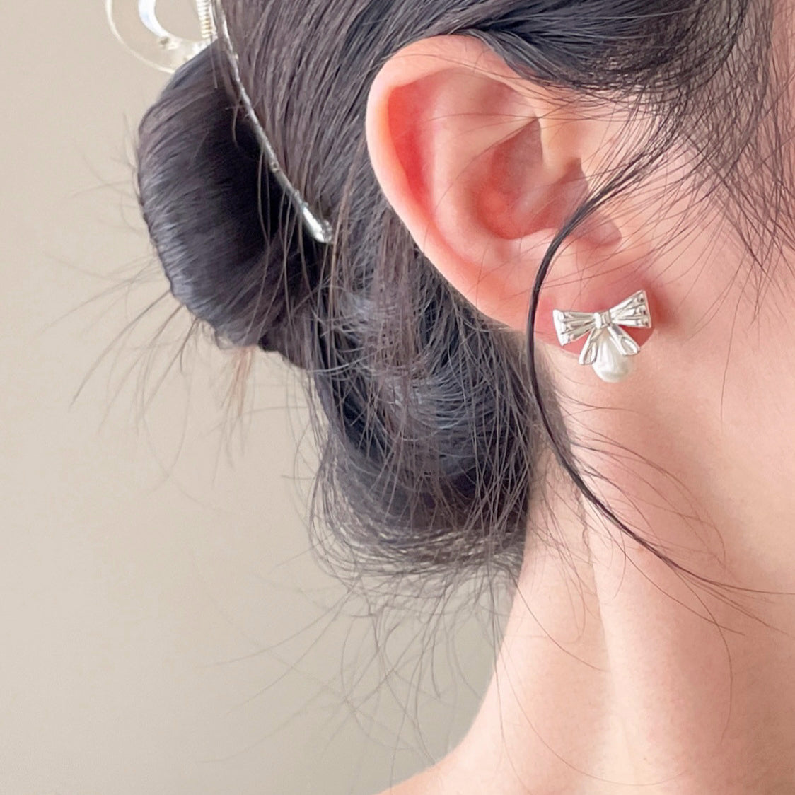 F廠-韓國韓版925純銀蝴蝶結珍珠耳釘簡約氣質百搭ins風耳飾「C1408」25.09-1