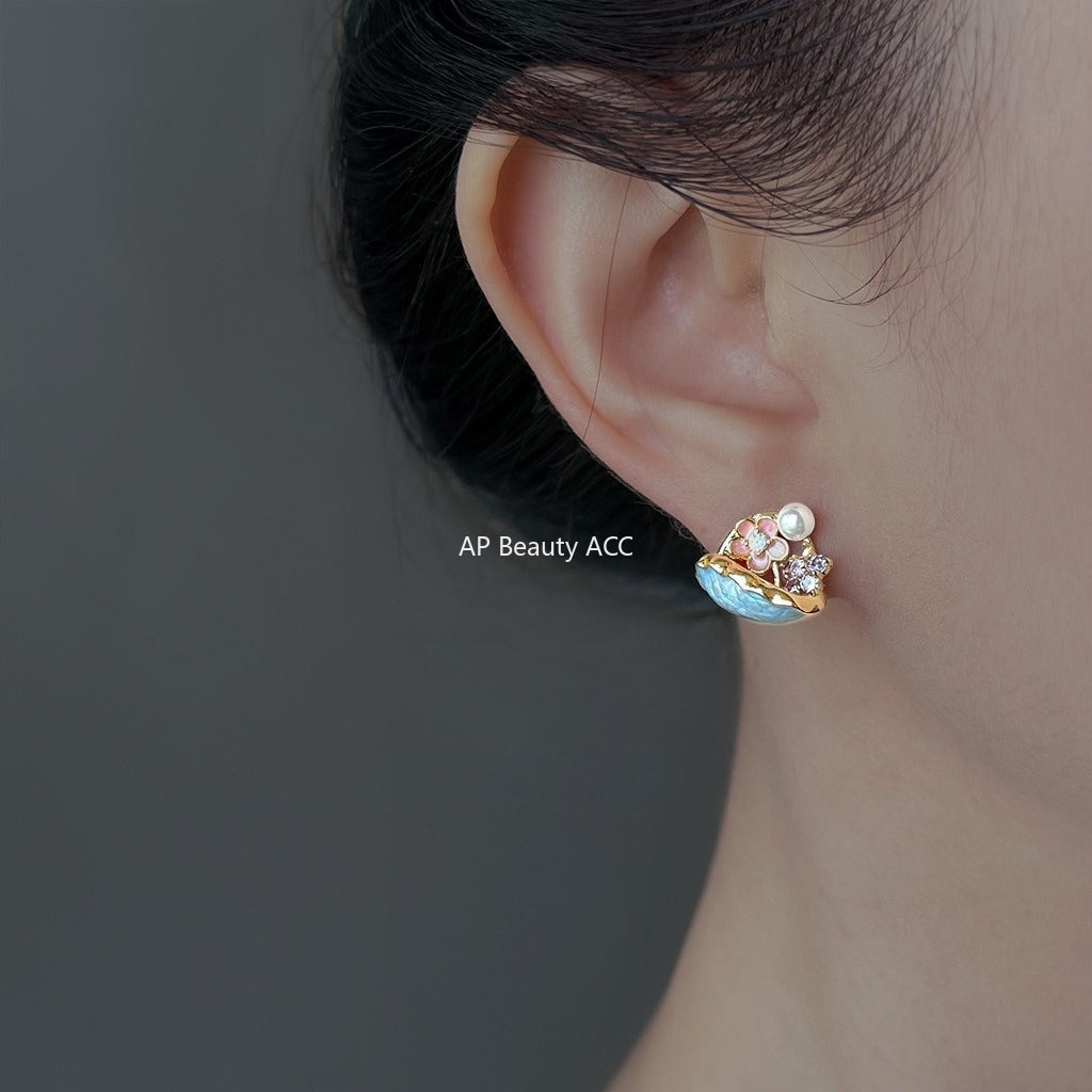 A廠-【花籃】原創森系清新甜美琺瑯滴釉彩繪花朵新款耳飾工廠耳環飾品「6865」25.10-1