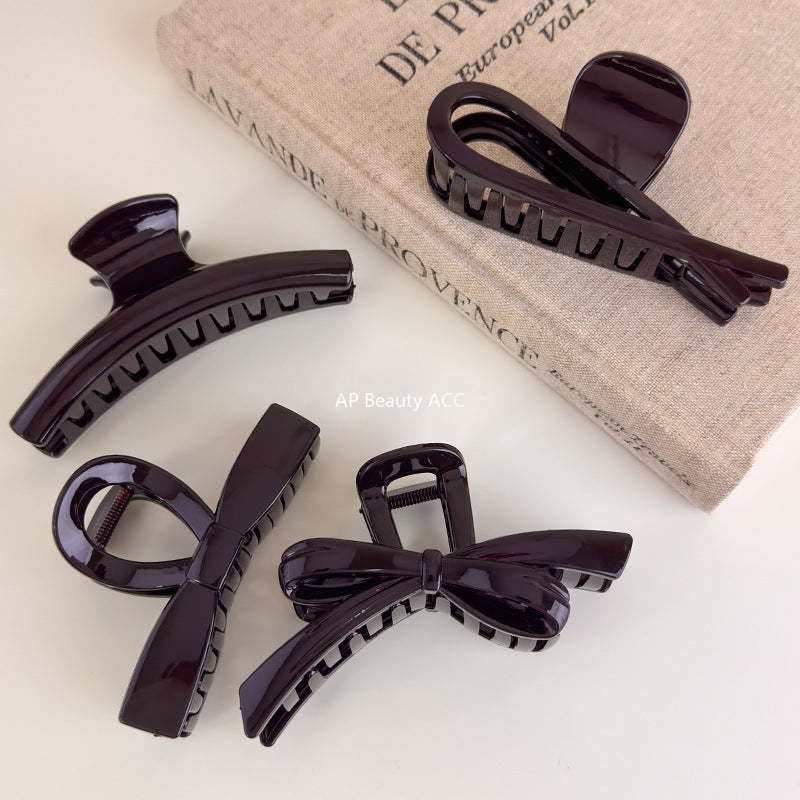 E廠-巧克力棕色蝴蝶結抓夾女2025新款高級感後腦勺髮夾盤髮鯊魚夾髮飾「27614」25.10-5