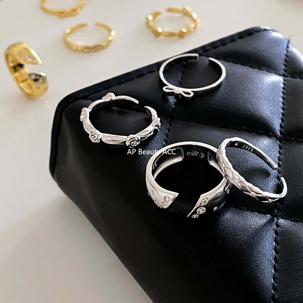 C廠-小眾高級感菱格紋純銀鋯石戒指輕奢冷淡風時尚氣質玫瑰花森系指環「JZ-0712」25.10-5