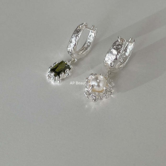 C廠-新中式墨綠鋯石銀針耳環小香風高級感不對稱珍珠耳扣輕奢氣質耳飾「EH-4120」25.10-5