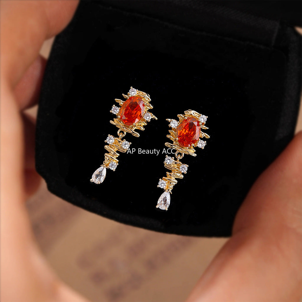 A廠-原創設計時尚高級感秋冬橘紅鋯石文藝復古耳飾S925銀針耳環「6896」25.10-2