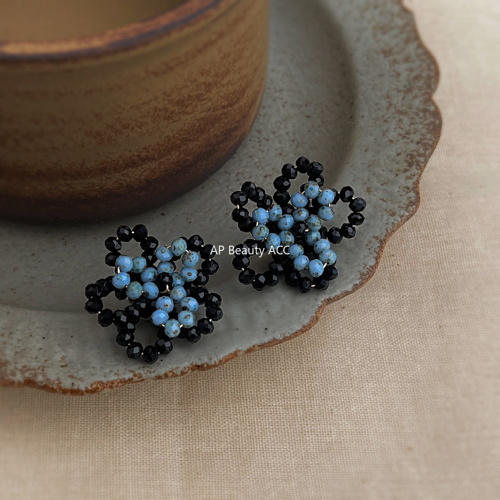 A廠-原創設計秋冬霧霾藍手工編織花朵耳環高級感小眾設計新款耳飾「6861」25.10-1