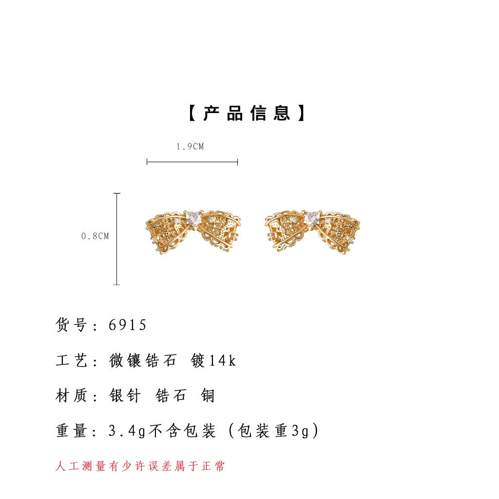 A廠-時尚老錢風微鑲鋯石925銀針蕾絲花邊鏤空蝴蝶結新款耳釘「6915」25.10-2