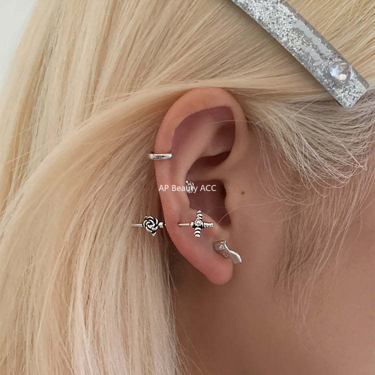 C廠-獨特冷淡風小手槍銀針耳釘女甜酷高級感玫瑰花十字架耳骨釘新耳飾「EH-4190」25.10-5