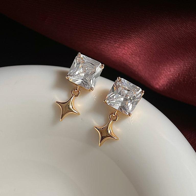 A廠-實物很閃! 925銀針鍍14K方形幾何鋯石星星耳環高級感優雅耳環「5040」24.10-4