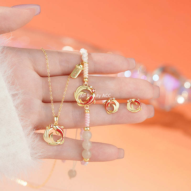 D廠-原創S999足銀年年有魚雙錦鯉耳環新年和田玉手鍊鎖骨鍊「YC4802SL_1 YC3241N_1 YC2728E_1」25.10-5