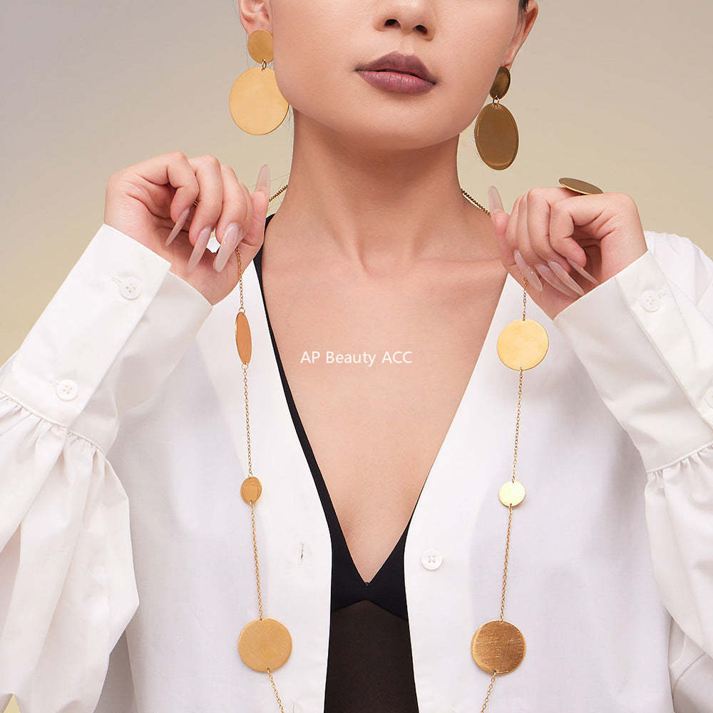 B廠-歐美簡約不鏽鋼大小圓圈項鍊耳環戒指套裝鍍18k金珠寶首飾「TXP458」25.10-5