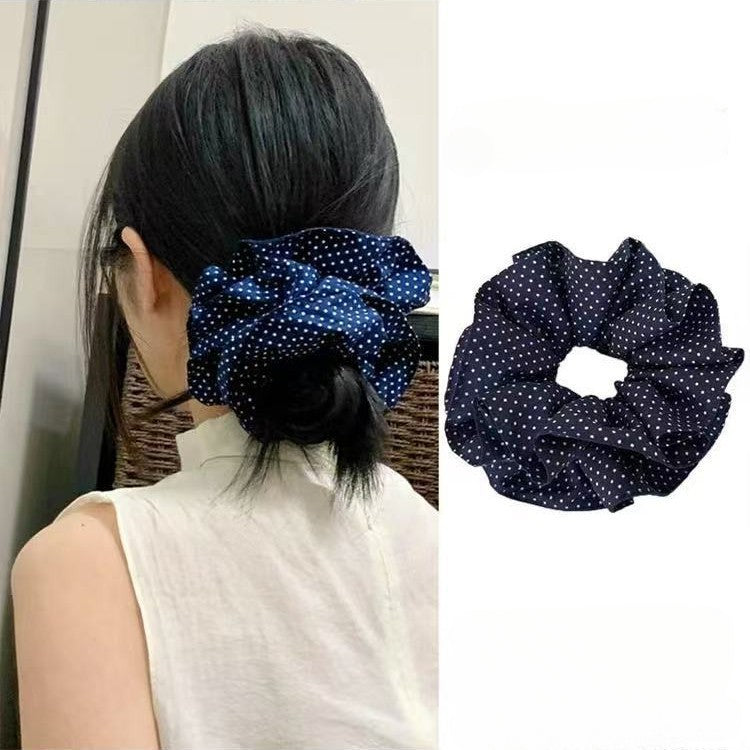 E廠-韓系藏青色波點大腸圈方巾時尚氣質甜美髮圈蝴蝶結紐扣頭繩髮飾「27275」25.08-1