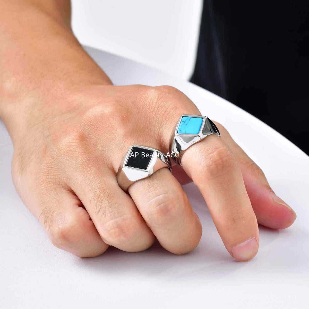 G廠-不鏽鋼男士個性街頭鬆弛菱形綠松石黑瑪瑙度假穿搭戒指鋼色「RC-967」25.10-5