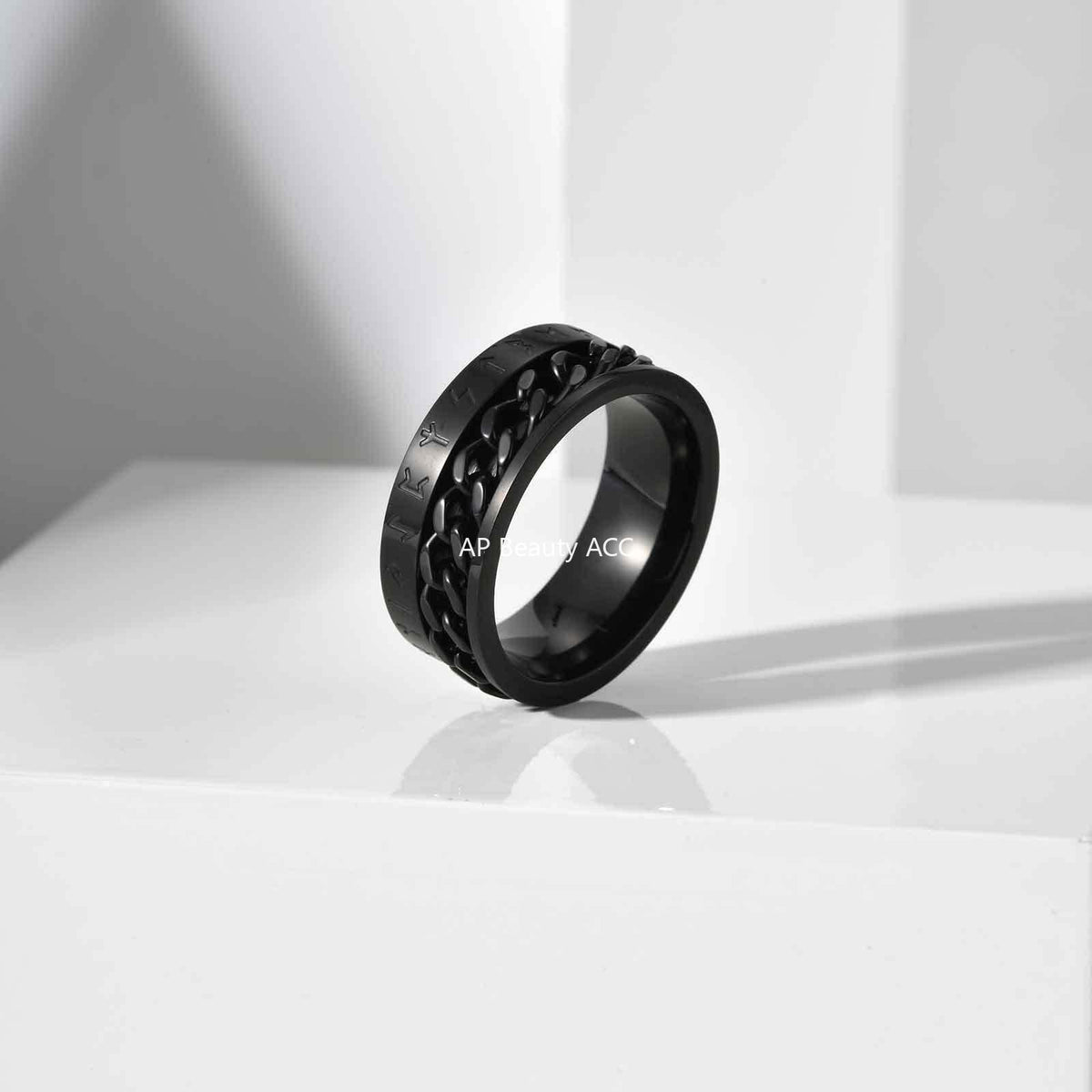 G廠-歐美時尚新款不鏽鋼維京盧恩文鏈條可轉動戒指金色「R-651」25.10-5