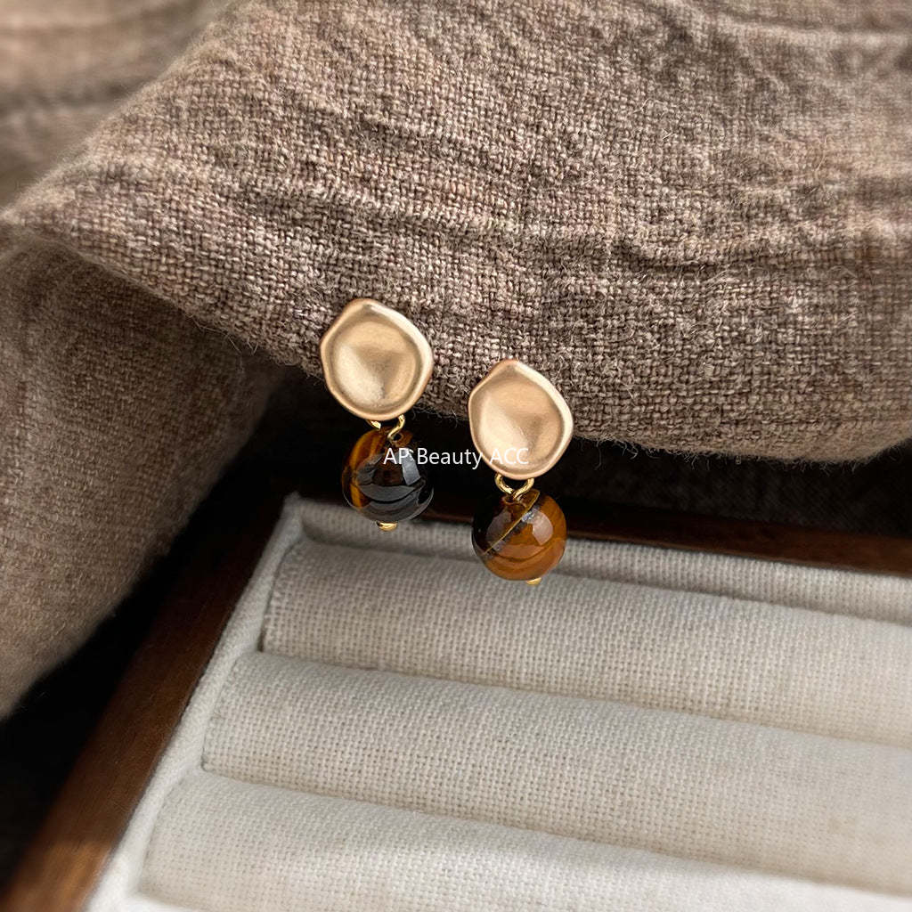 A廠-文藝復古天然石虎眼石925銀針時尚高級感簡約圓形幾何耳飾 耳環女「6994」25.10-5