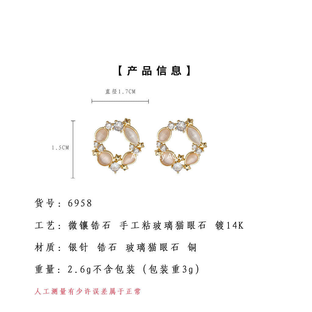 A廠-原創設計玻璃貓眼石微鑲鋯石925銀針鍍14K通勤高級感圓形耳環耳飾「6958」25.10-4