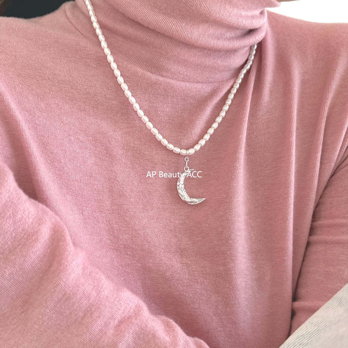 F廠-韓國韓版飾品925純銀項鍊褶皺波紋月亮人造珍珠項鍊頸鏈「B869」25.10-5