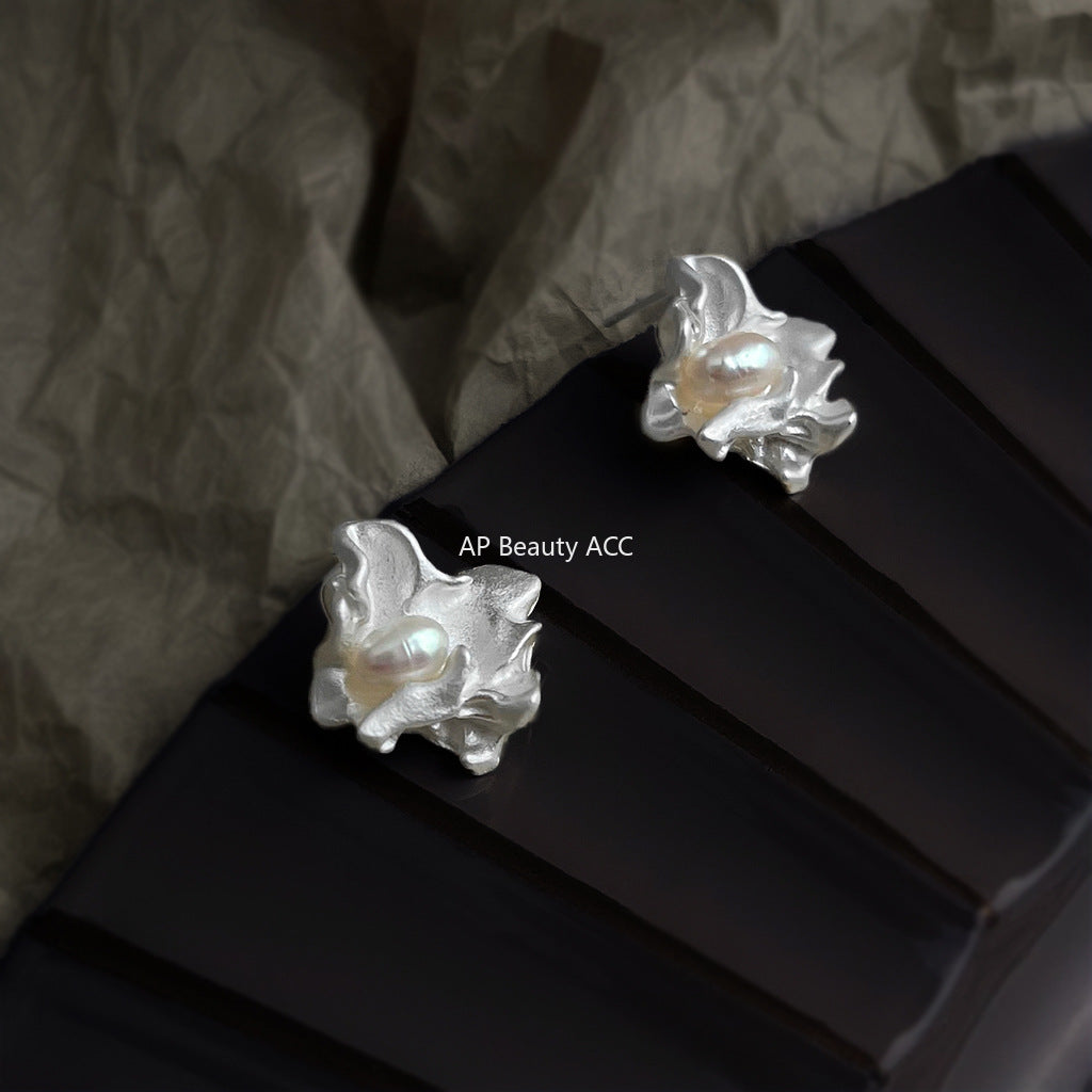 A廠-煙雨小眾設計誇張不規則淡水珍珠液態銀色個性新耳飾工廠耳環女「6852」25.10-3