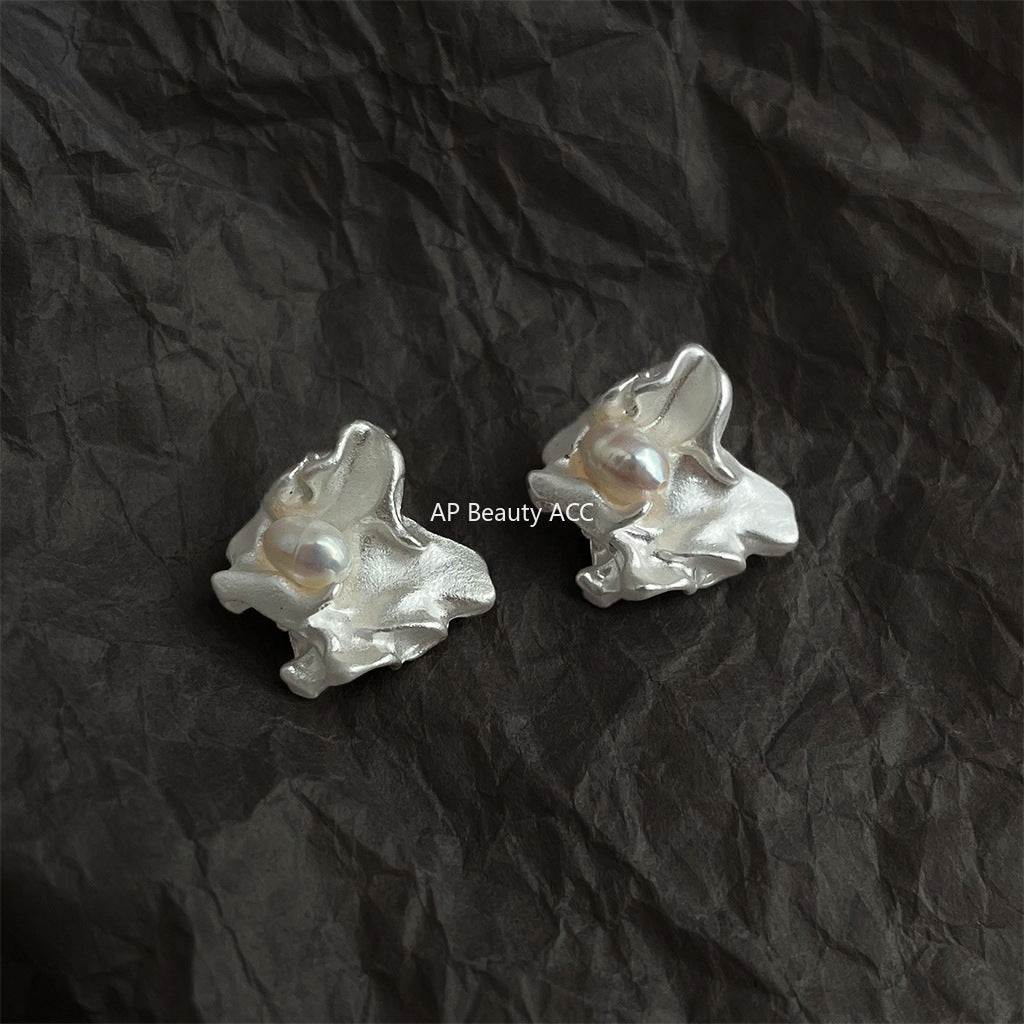A廠-煙雨小眾設計誇張不規則淡水珍珠液態銀色個性新耳飾工廠耳環女「6852」25.10-3