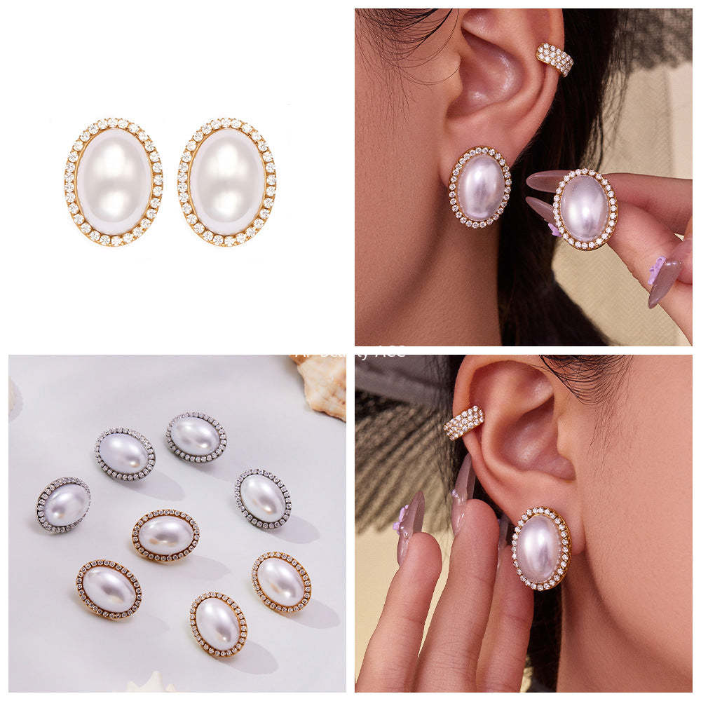 B廠-小眾設計感橢圓形貝珠鋯石耳環不鏽鋼鍍18k金跨境珠寶首飾「F793-F983」25.10-5